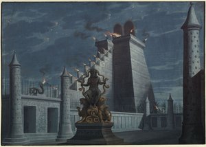 Fernand Cortez, avagy: Mexikó meghódítása. Gaspare Spontini operája. Terv az 1. díszlethez. Indián tűztemplom alkotó: Karl Friedrich Schinkel