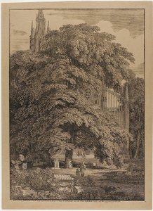 Gótikus templom egy tölgyes mögött sírokkal alkotó: Karl Friedrich Schinkel