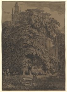 Gótikus templom egy fa mellett, 1810. alkotó: Karl Friedrich Schinkel
