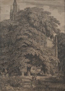 Gótikus templom tölgyek között, 1810. alkotó: Karl Friedrich Schinkel