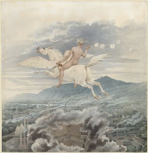 Karl Friedrich Schinkel – Buborékokat fújó női alak, amely Christian Peter Wilhelm Beuth allegóriája, aki Pegaszon lovagol egy ipari város felett – 1837 alkotó: Karl Friedrich Schinkel