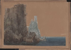 Yngurd király. Adolf Müllner tragédiája. Terv a 4. díszlethez. Torony a Halál kapujával a tenger mellett alkotó: Karl Friedrich Schinkel