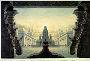 Színházi dekoráció: Dekoráció Wolfgang Amadeus Mozart „La flute enchante (Die Zauberflote) című operájához, Emanuel Schikaneder librettójára. Karl Schinkel (1781-1841) rajza alkotó: Karl Friedrich Schinkel