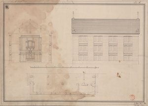 Tillendorf (Bolesławice, Liegnitz kormányzati kerület). Terv az evangélikus templomhoz. Alaprajz, az oldalfőhomlokzat nézete és keresztmetszet alkotó: Karl Friedrich Schinkel
