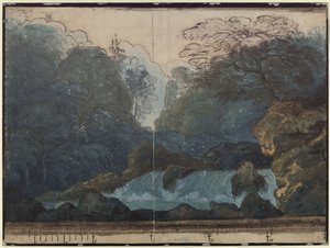 Undine. E. T. A. Hoffmann operája. A 2. díszlet terve. Erdő vízeséssel alkotó: Karl Friedrich Schinkel