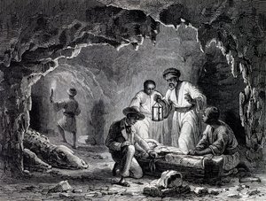 Régészeti felfedezések a szamouni barlangokban, metszet Karl Girardet (1813-1871) rajza alapján