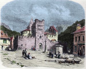 A Templomi Lovagrend (Templorosok) temploma Luz Saint Saviour-ban (Luz-Saint-Sauveur vagy Luz St Saviour, Luz-St-Sauveur). Karl Girardet (1813-1871) rajza
