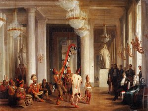 Iowa indiánok tánca a Salon de la Paix-ban a Tuileriákban, bemutatja George Catl festő alkotó: Karl Girardet