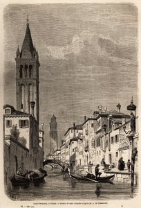 A Rezonico-csatorna, Karl Girardet (1813-1871) rajza, Adalbert de Beaumont 1850 körüli velencei utazásának illusztrálására. Metszet a „” Le tour du monde”-ban, szerkesztette Edouard Charton alkotó: Karl Girardet