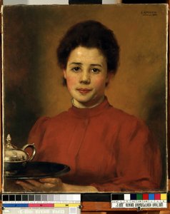 ""Fiatal nő pirosban"" egy nő portréja, aki egy tálcát hordoz egy ezüst teáskannával. (Egy nő pirosban) Karl (Carl) Gusov (1843-1907) festménye 1904 Mikalojus Konstantinas Ciurlionis Szépművészeti Múzeum, Kaunas, Litvánia