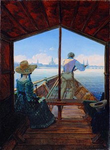 ""Korán reggel az Elbán"" hajókirándulás az Elbán Drezda mellett (Uszályos kirándulás az Elbán Drezda mellett (Reggel az Elbán) Carl Gustav Carus (1789-1869) festménye Olaj, vászon 1827 Méret 29x22 cm Museum Kunstpalast, Düsseldorf