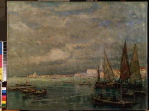 ""Kilátás a vitorlásokról a velencei lagúnában"" (Blick auf Venedig mit Segelbooten). Karl (Carl) Hagemeister (1848-1933) festménye 1926 Méret: 51x71 cm Mikalojus Konstantinas Ciurlionis Szépművészeti Múzeum, Kaunas, Litvánia alkotó: Karl Hagemeister