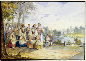Orosz parasztlányok ünnepi ruhában. Karl Ivanovich Kolman (1786-1846) munkája, akvarell kartonon