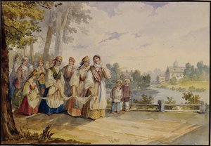 Orosz parasztlányok ünnepi ruhában, 1845