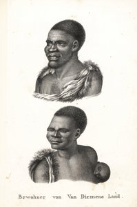Tasmania őslakosai, Van Diemen földje. Grou Aagara, a férfi mellkasán karikázott és állatbőr köpeny, és Arra-Maida, nő gyermekkel a hátán, kengurupapuzban. A tasmán bennszülötteket a gyarmatosítók kiirtották. Nicolas Martitól másolva alkotó: Karl Joseph Brodtmann