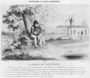 I. Napóleon (1769-1821) Szent Ilona szigetén, Jean de La Fontaine meséit magyarázza Tristan de Montholonnak, Villain metszetében