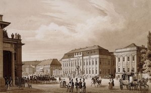 Unter den Linden, Berlin. Kilátás a Neue Wache felől a Kronprinzenpalais felé, jobbra a Prinzessinenpalais és balra a Kommandatur,