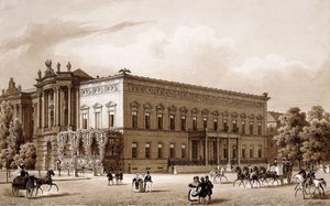 Unter den Linden, Berlin. a Vilmos herceg palotáját, amelyet Karl Langhans épített 1834-36-ban, és a Királyi Könyvtárat, amelyet Georg Christian Unger épített 1775-78 között Josef Emanuel Fischer von Erlach tervei alapján, kilátással a Platz am Opernhausra