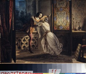 Rómeó és Júlia (Rómeó és Júlia). Egy férfi felmászik az erkélyre, hogy egy nőt találjon egy titkos randevún. Karl Pavlovich Briullov (Bryullov) festménye (1799-1852). Akvarell, karton, 1830 körül, 23,2 x 31,5 cm, orosz művészet alkotó: Karl Pavlovich Bryullov