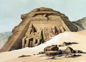 Sziklatemplom Abu Simbelben". Litográfia Karl Richard Lepsius (1810-1884) porosz egyiptológus után. II. Ramszesz (Ramszesz) szobrai (uralkodott i. e. 1304-1273 körül) a főtemplomon kívül. Régészet Vallás Mitológia ókori egyiptomi vallás mitológia alkotó: Karl Richard Lepsius