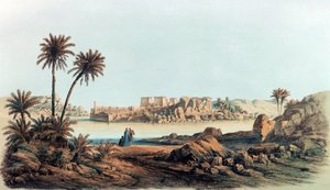 A Philae látképe". Litográfia Karl Richard Lepsius (1810-1884) porosz egyiptológus után. Kilátás a Níluson át a Philae szigetén lévő templomokra. alkotó: Karl Richard Lepsius