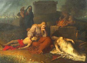 Hecabe gyermekei, Polyxena és Polydoros holttesteivel Akhilleusz sírjánál