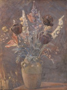 Tulipánokkal és egyéb virágokkal díszített agyagváza, Karl Schou alkotása