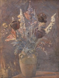 Agyagváza tulipánokkal és más virágokkal