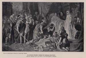 A haldokló Nagy Sándor serege előtt hódolt, Babilon, ie 323 (litho)