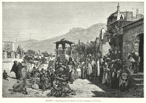 Dátumok elosztása temetőben, Kairó, Egyiptom (litho)