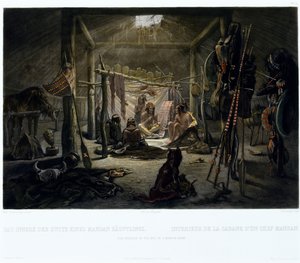 Egy mandánfőnök kunyhójának belseje, vésette: Narcisse Edmond Desmadryl (sz. 1801) 1835 körül (akvatinta metszet) alkotó: Karl after Bodmer
