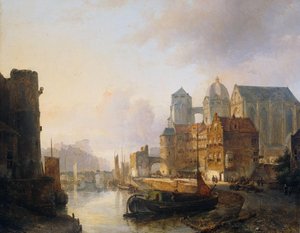 Képzeletbeli kilátás egy folyóparti városra az aacheni katedrálissal alkotó: Kasparus Karsen (signed by artist)