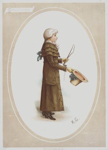 Fiú hosszú barna kabátban, parókával, sapkával és vadászostorral (színes litó) alkotó: Kate (after) Greenaway