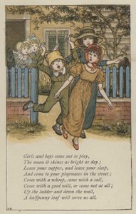 Lányok és fiúk jönnek ki játszani (színes litho) alkotó: Kate (after) Greenaway