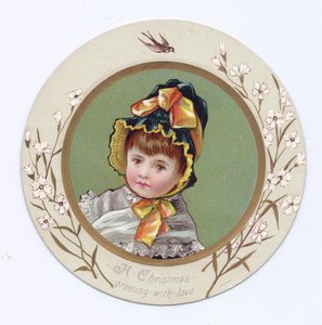 Egy viktoriánus üdvözlőlap egy fiúról, aki egy lányt ölel át, aki egy könyvet néz, 1880 körül alkotó: Kate Greenaway