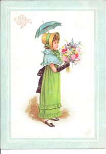 Egy viktoriánus üdvözlőlap díszes kosztümös táncoló gyerekekről, 1880 körül