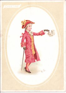 Viktoriánus üdvözlőlap vacsoraasztalnál ülő gyerekekről, miközben egy szakácsnak öltözött a faragó kést élezi, 1880 körül alkotó: Kate Greenaway