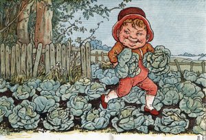 Egy gnóm káposztát lop egy veteményesből. (Egy goblin káposztát lop). Kate Greenaway (1846-1901) illusztrációja az Edmund Evans által szerkesztett „” Under The Window” (1879) mesék és mondókák gyerekeknek című könyvéből.