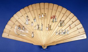 Egy nagy, fából készült Brise-legyező, színesre festve, különféle foglalkozású gyermekcsoportokkal, alkotó: Kate Greenaway