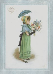 Lány zöld ruhában, kezében napernyővel és egy csokor virággal alkotó: Kate Greenaway