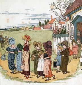 Iskolán kívül. Kate Greenaway (1846-1901) illusztrációja az Edmund Evans által szerkesztett „” Under The Window” (1879) mesék és mondókák gyerekeknek című könyvéből.