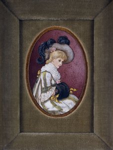 Ovális portré egy szőke lányról, aki tollas kalapot visel, kezével a muffjában alkotó: Kate Greenaway