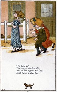 Mesélj a cicidről / A nyelvedet fel kell vágni: Kate Greenaway (1846-1901) illusztrációja egy gyermekverseskönyvhöz. Kromolitográfia alkotó: Kate Greenaway