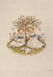 Két lány babákkal ül egy rózsabokor alatt, 19. század alkotó: Kate Greenaway