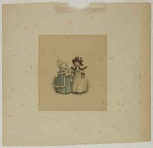 Két kislány szőrmeszegélyes kabátban alkotó: Kate Greenaway
