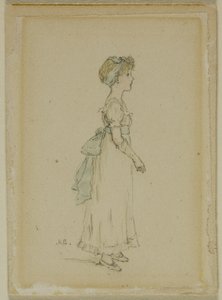 Fiatal lány kék szalaggal alkotó: Kate Greenaway