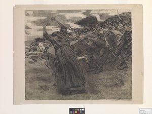 Losbruch (Outbreak) (rézkarc és lágy őrölt rézkarc) alkotó: Käthe Kollwitz