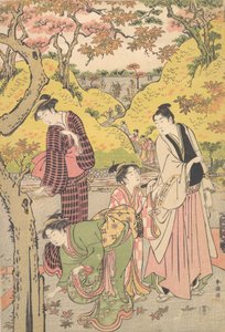 Egy fiatal férfi, két fiatal nő és egy lány egy piknikpartin, kb. 1789. alkotó: Katsukawa Shuncho