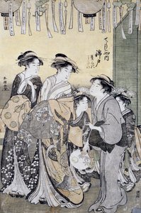 Nishikido udvarhölgy a Chojiya teaházból hölgyeivel körülvéve, 18. század vége, Ukiyo-e art print, Katsukawa Shuncho (aktív 1780-1800), Oban-tate-e fametszet, 37x26 cm, japán civilizáció, részlet alkotó: Katsukawa Shuncho