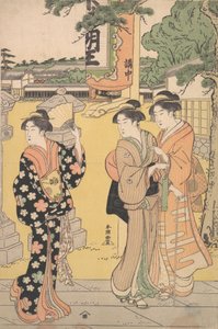Vásárlátogatók egy buddhista templom épületében, kb. 1789. alkotó: Katsukawa Shuncho